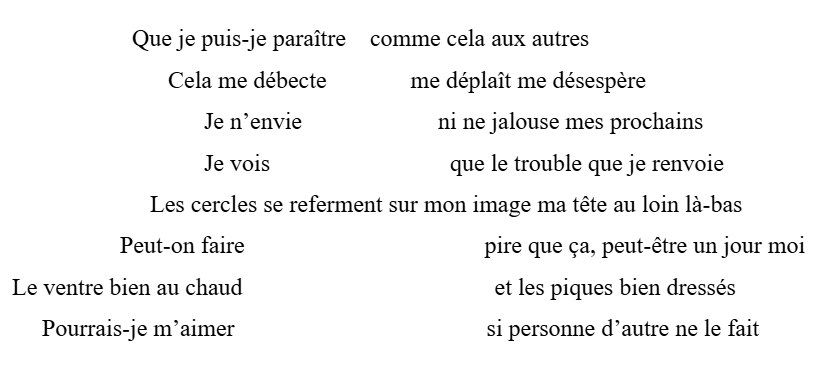 Que je puis-je paraître    comme cela aux autres
   Cela me débecte              me déplaît me désespère
         Je n’envie		ni ne jalouse mes prochains
         Je vois			  que le trouble que je renvoie
Les cercles se referment sur mon image ma tête au loin là-bas
       Peut-on faire                                        pire que ça, peut-être un jour moi
 Le ventre bien au chaud                                          et les piques bien dressés
      Pourrais-je m’aimer                                          si personne d’autre ne le fait